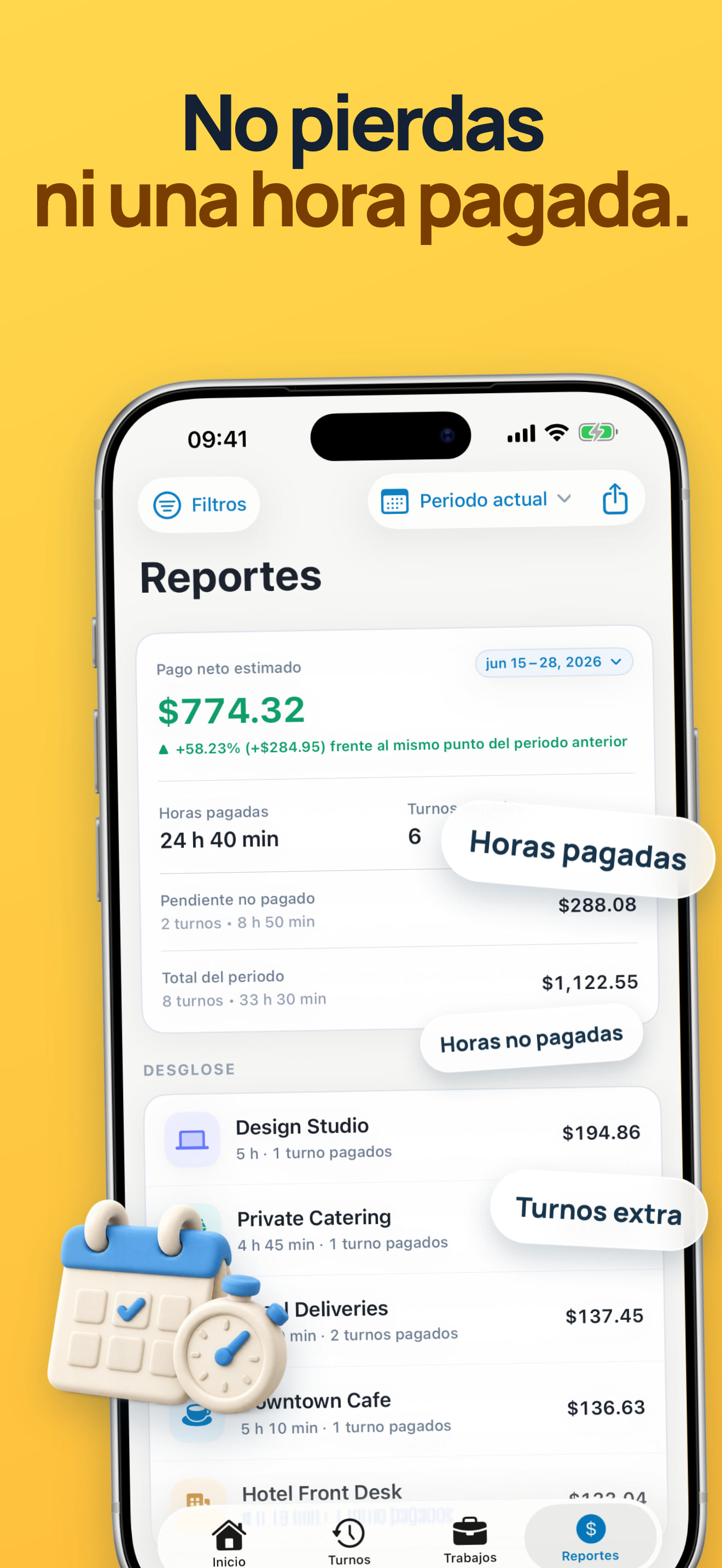 Calendario de horas trabajadas e historial de turnos
