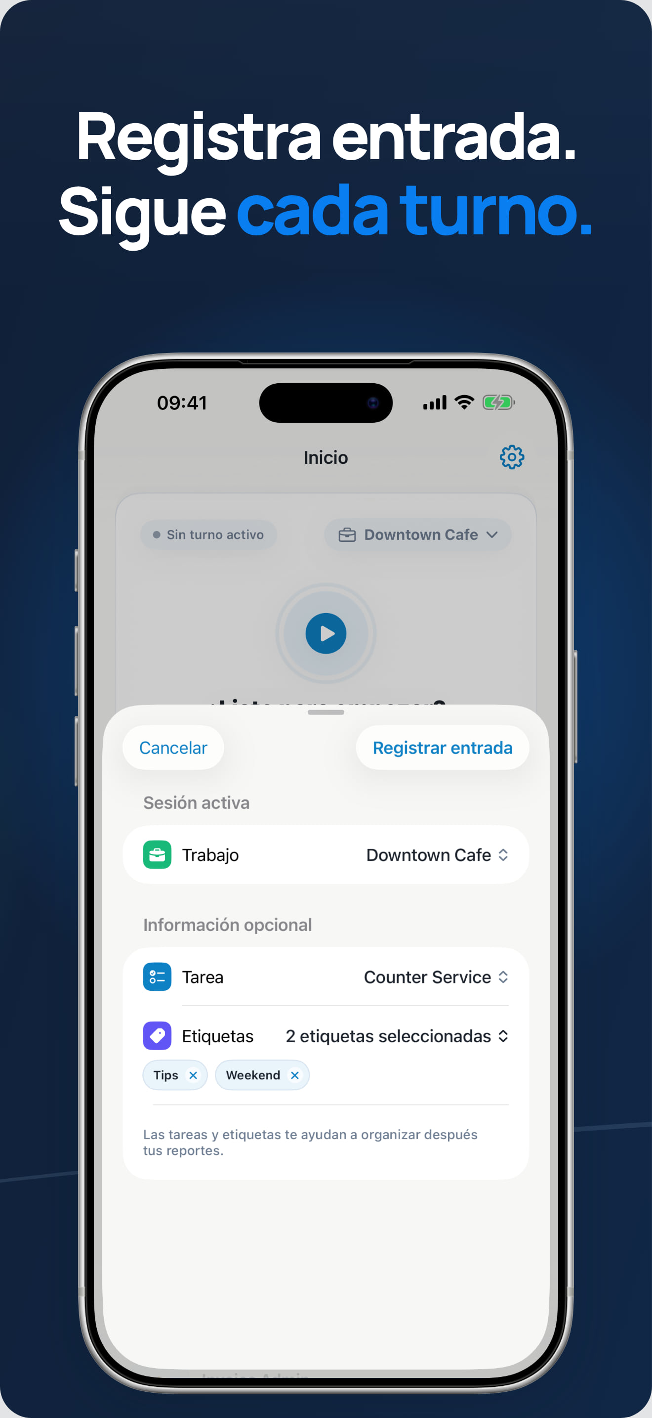 Control de turno activo con pausa y reanudación en iPhone