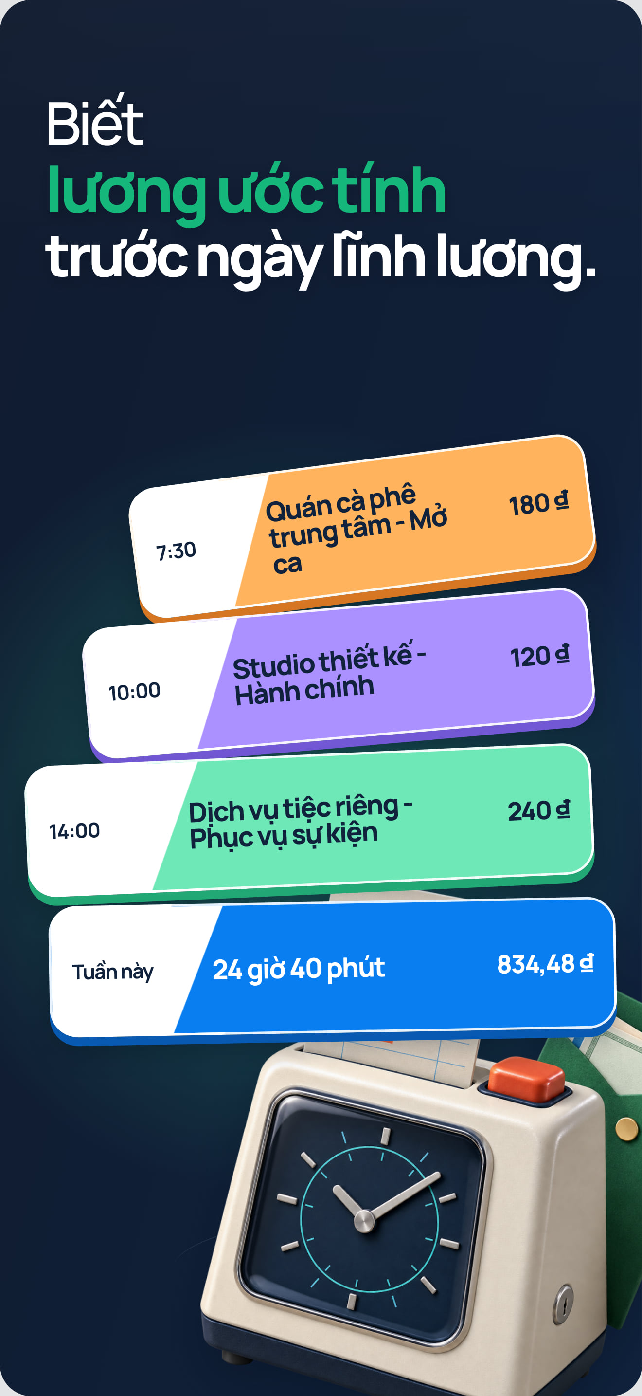 Ứng dụng tính lương theo giờ, tăng ca và tiền công - HoursKit
