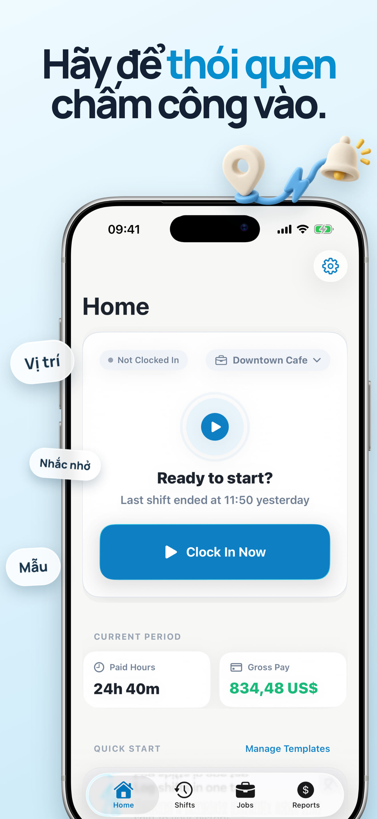 Ứng dụng theo dõi và nhắc giờ nghỉ làm - HoursKit